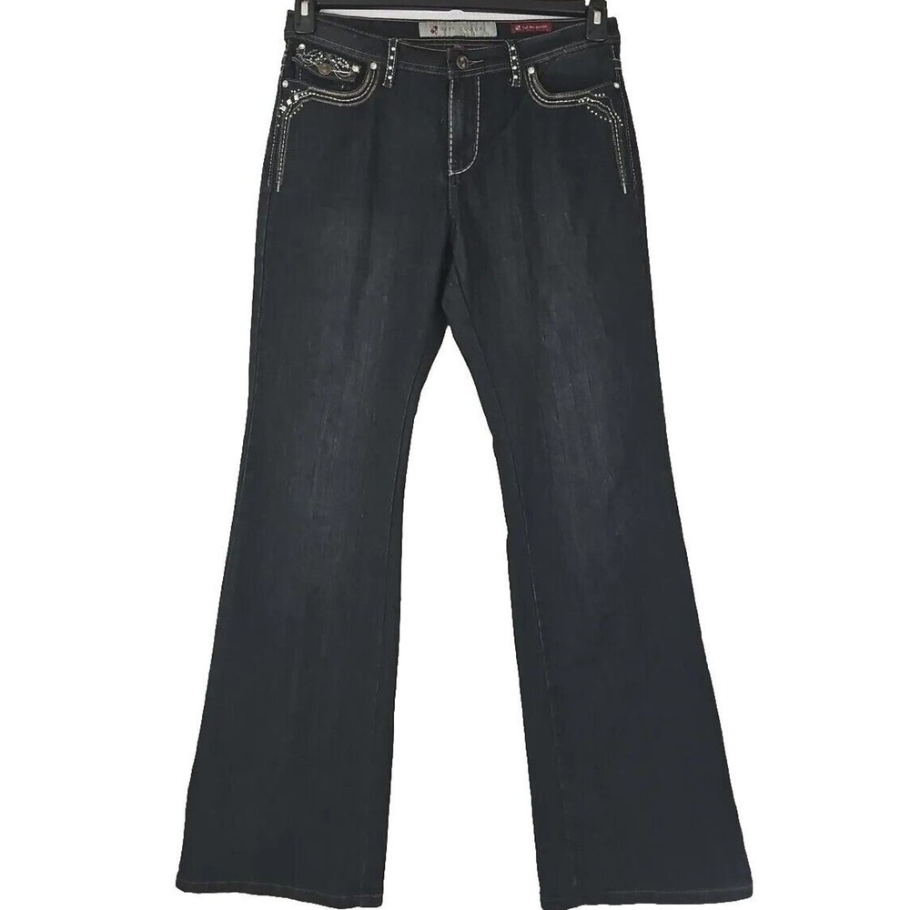 Gene Culture ~Woman Size 12~ Dark Wash Denim Mid Rise Boot Cut Jeans Black.